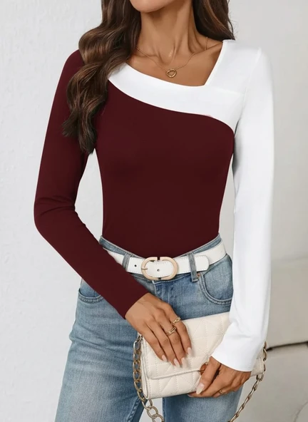 Lucky Life Kadın Uzun Kollu Geometrik Yaka Detaylı çift Renkli Viskon Bluz - Resim 6