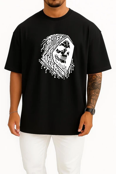 Oversize Hacker Skull Göğüs Tasarımlı Unisex T-Shirt - Resim 11