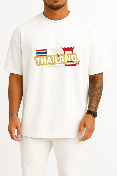 Oversize Thailand Logo, Flag Of Thailand Logo Göğüs Tasarımlı Unisex T-Shirt - Resim 3