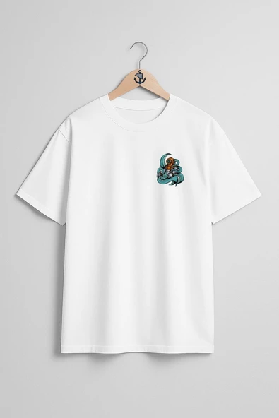 Oversize Diver Octopus Cep ve Sırt Tasarımlı Unisex T-Shirt - Resim 7
