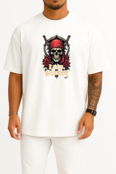Oversize Rebel Warrior Skull Göğüs Baskılı Unisex T-Shirt ürün görseli