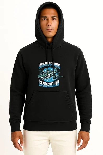Kapüşonlu Bombardino Crocodilo Göğüs Baskılı Unisex Sweatshirt - Resim 9