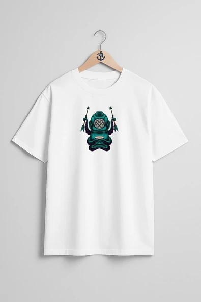 Oversize Mecha Octopus Diver Dalgıç Göğüs Tasarımlı Unisex T-Shirt - Resim 3