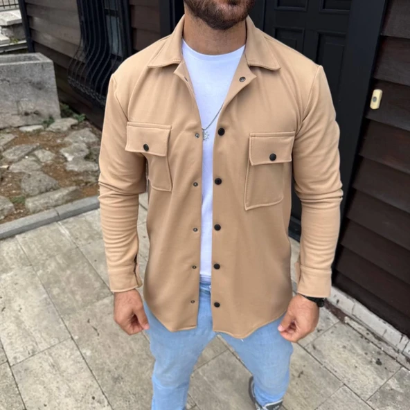 Erkek Diagonal Kumaş Cepli Çıtçıtlı Uzun Kollu, Gömlek Oversize Rahat Kalıp Günlük Şık Stil - Bej - Resim 2