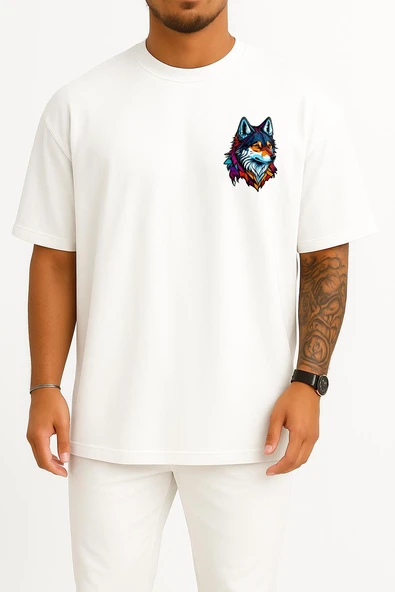 Oversize Wolf Face Logo Mascot Cep ve Sırt Tasarımlı Unisex T-Shirt ürün görseli
