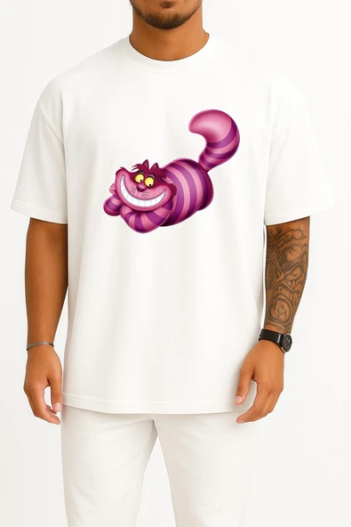 Oversize Alice Harikalar Diyarında Cheshire İllüstrasyon Göğüs Tasarımlı Unisex T-Shirt ürün görseli