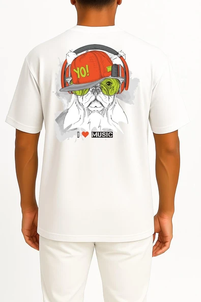 Oversize Funny Dog With Hat And Headphones Cep ve Sırt Tasarımlı Unisex T-Shirt - Resim 2