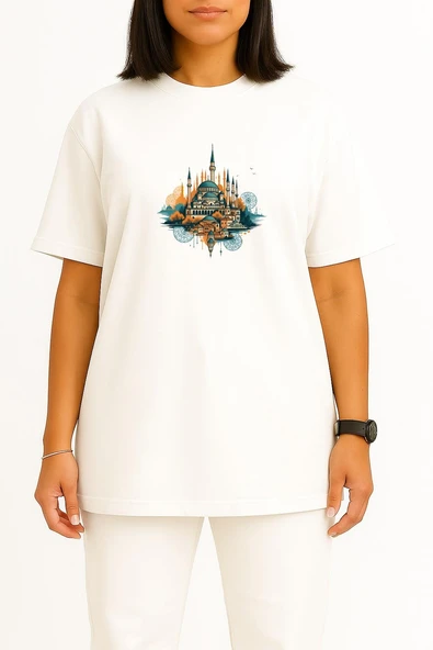 Oversize İstanbul Sultanahmet Camii Sanatsal Göğüs Tasarımlı Unisex T-Shirt - Resim 5