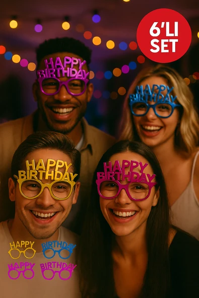 6’lı Set Happy Birthday Parti Gözlüğü – Metalik Renk Karışık Doğum Günü Eğlence Aksesuarı - Resim 3