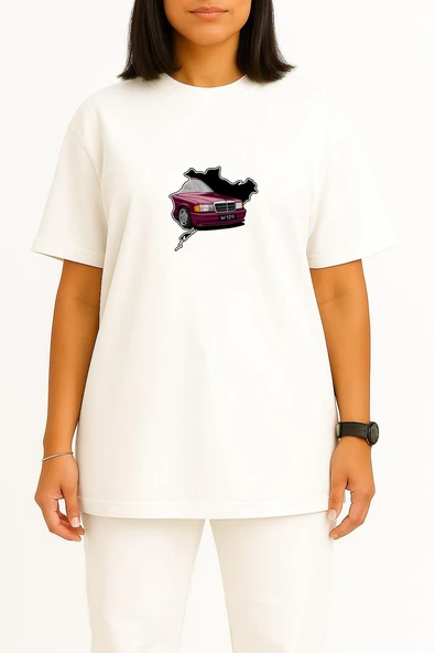 Oversize Mercedes W124 Classic Araba Göğüs Baskılı Unisex T-Shirt - Resim 8