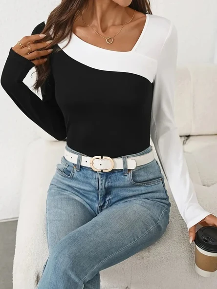 Lucky Life Kadın Uzun Kollu Geometrik Yaka Detaylı çift Renkli Viskon Bluz - Resim 4