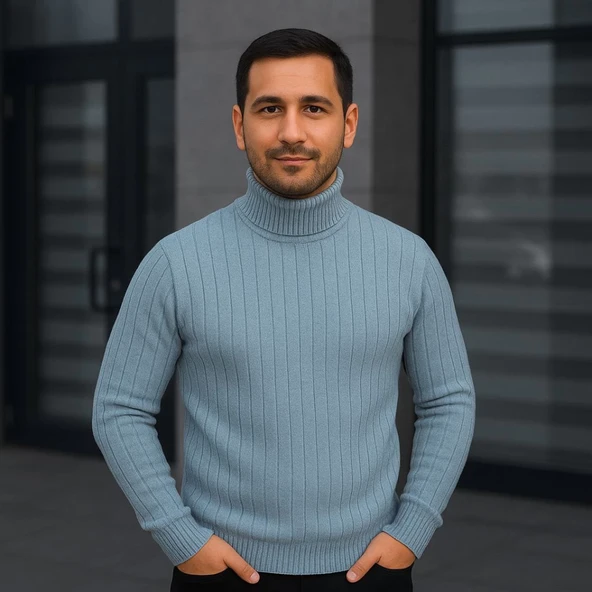 Erkek Balıkcı Yaka Bağazlı Triko Kazak Pamuklu Kalın Fitilli Dokuma, Regular Fit Uzun Kollu Kışlık Model - Bebe Mavisi ürün görseli 1