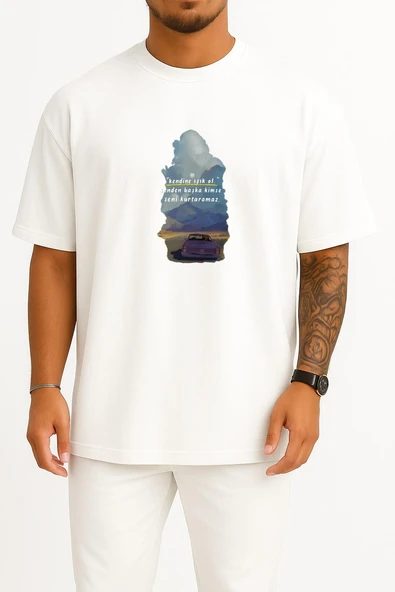 Oversize Senden Başka Kimse Seni Kurtaramaz Göğüs Tasarımlı Unisex T-Shirt ürün görseli