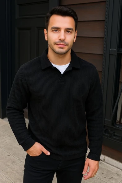 Erkek Fitilli Polar Sweatshirt – Düğmesiz Polo Yaka, Oversize Rahat Kalıp, Kalın Polar Kumaş, Kışlık Ve Baharlık Şık Günlük Üst - Siyah ürün görseli