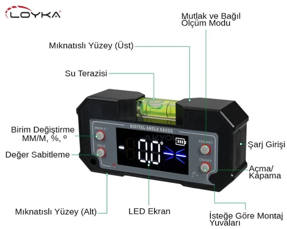 Loyka 5346 Mini Dijital Eğim Ölçer Su Terazili - Resim 4