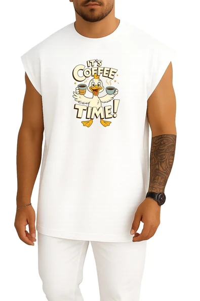 Oversize Kahve Zamanı - İt S Coffee Time Göğüs Baskılı Atlet - Resim 3