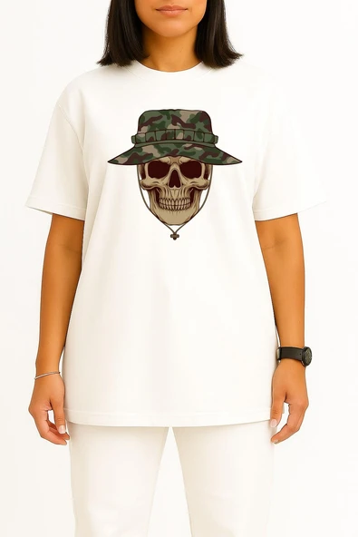 Oversize Kuru Kafa Asker Ve Kamuflaj Şapka Göğüs Tasarımlı Unisex T-Shirt - Resim 11