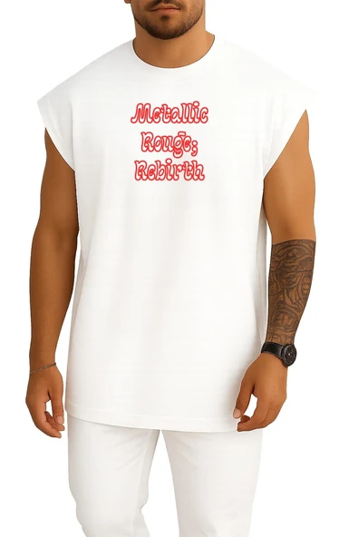 Oversize Metallic Rouge Rebirth Anime Göğüs Baskılı Atlet - Resim 3