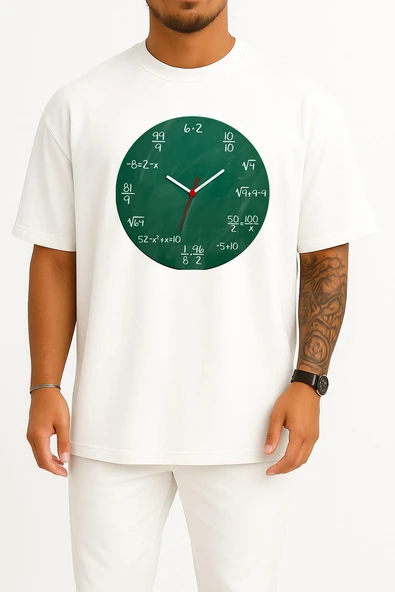 Oversize Matematik Çarpma Bölme Toplama Saati Göğüs Baskılı Unisex T-Shirt ürün görseli