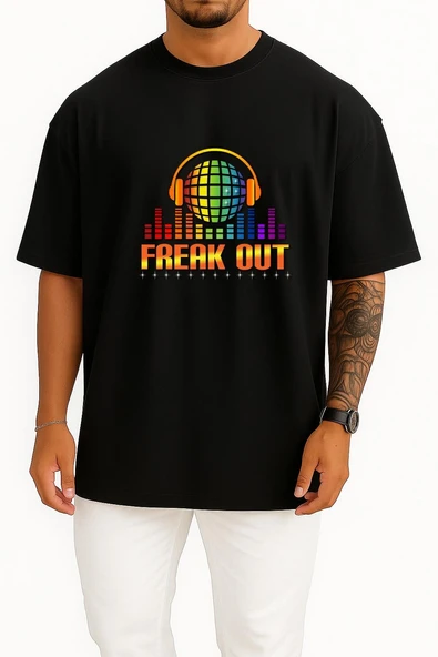 Oversize Freak Out Göğüs Tasarımlı Unisex T-Shirt - Resim 11