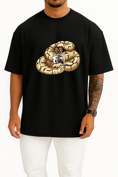 Oversize Snake Ball Python Logo Blackjack Göğüs Tasarımlı Unisex T-Shirt - Resim 11