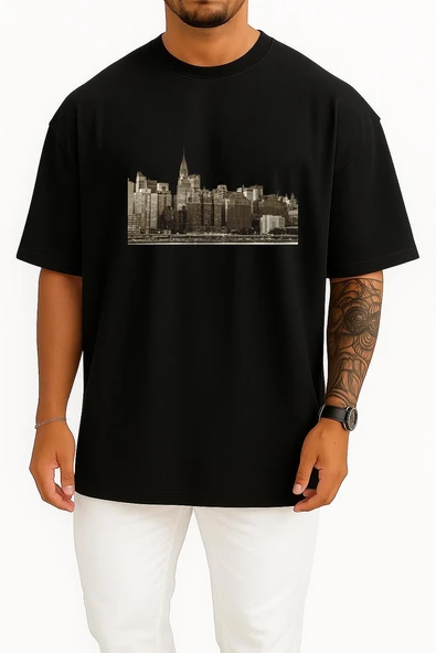Oversize New York City İllüstrasyon Göğüs Tasarımlı Unisex T-Shirt - Resim 9