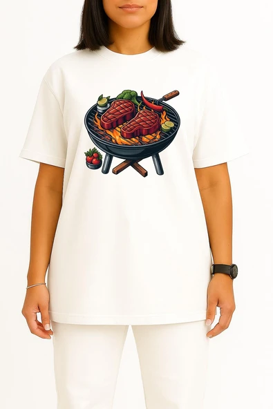 Oversize Izgara Üstünde Biftek Mangal Göğüs Baskılı Unisex T-Shirt - Resim 5