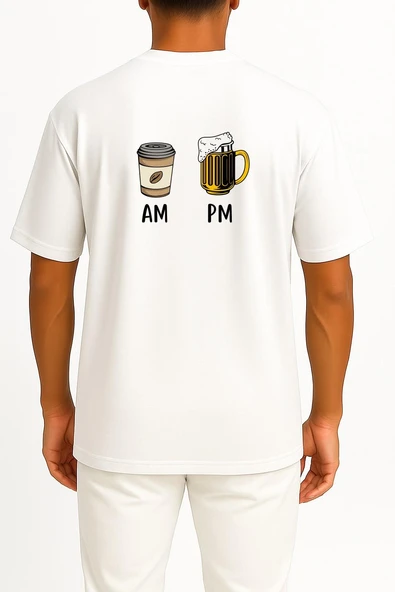 Oversize Sabah Kahve Akşam Beer Göğüs ve Sırt Tasarımlı Unisex T-Shirt - Resim 2