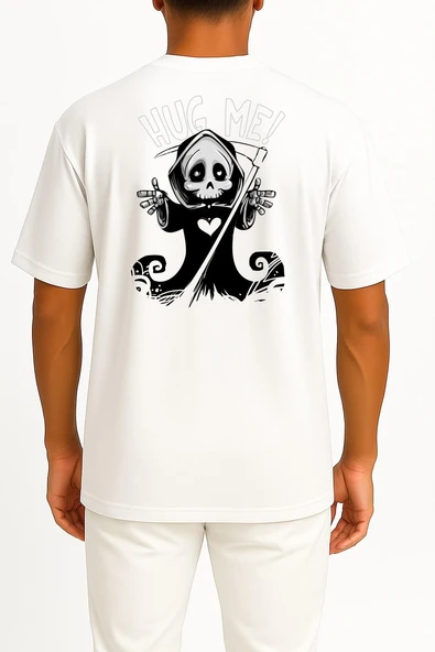 Oversize Death, Cute, Mascot, Grim, Reaper Cep ve Sırt Tasarımlı Unisex T-Shirt - Resim 2