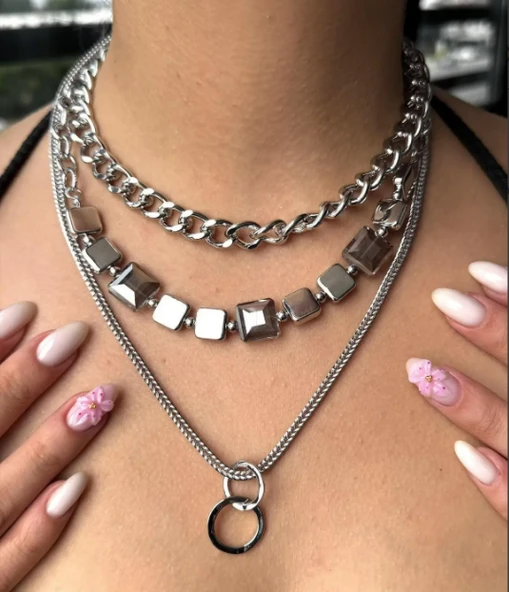 Gümüş Renk Taş Detaylı Çoklu Kolye ürün görseli 1