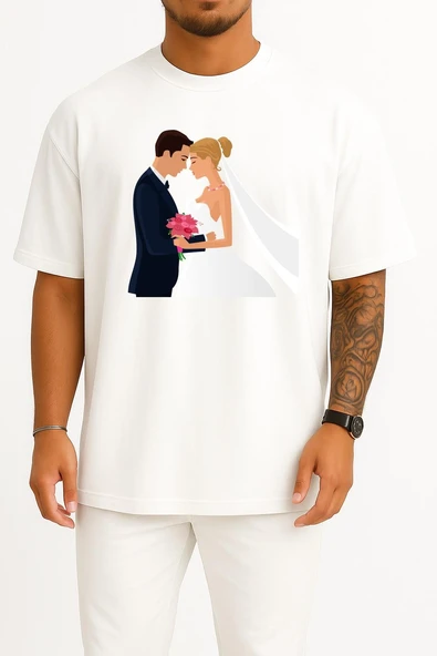 Oversize Bridegroom Marriage Wedding İnvitation Göğüs Tasarımlı Unisex T-Shirt - Resim 7