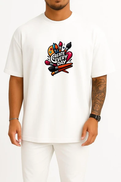 Oversize Her Gün Oluştur , Ressam, Çizim Veya Boya Göğüs Baskılı Unisex T-Shirt - Resim 4