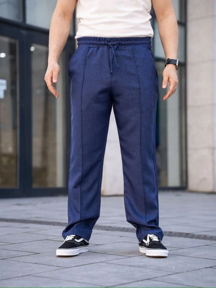 Erkek Keten Cepli Çıma Dikişli Jogger Buggy Pantalon Rahat Kalıp - Lacivert - Resim 2