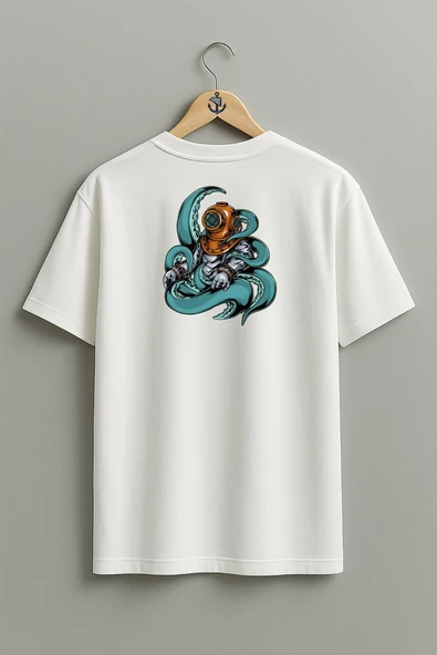 Oversize Diver Octopus Cep ve Sırt Tasarımlı Unisex T-Shirt - Resim 5