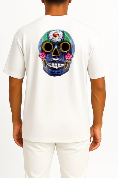 Oversize Skull Day Of The Dead Mexico Death Cep ve Sırt Tasarımlı Unisex T-Shirt - Resim 5