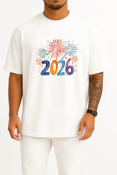 Oversize 2026 Yılbaşı Kutlama Göğüs Tasarımlı Unisex T-Shirt - Resim 4