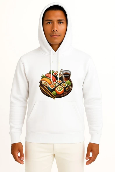 Kapüşonlu Sushi Göğüs Baskılı Unisex Sweatshirt - Resim 3