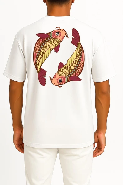 Oversize Balık Burç  - Astroloji Cep ve Sırt Tasarımlı Unisex T-Shirt - Resim 2