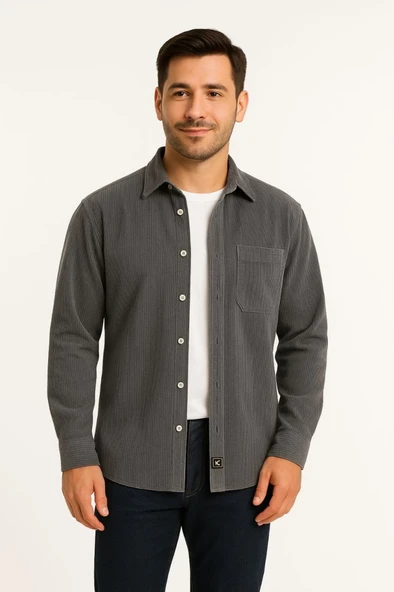 Erkek Fitilli Kadife Cepli Gömlek Oversize Rahat Kalıp - Füme ürün görseli