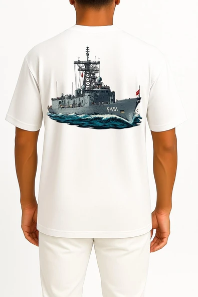 Oversize F491 Tcg Giresun Deniz Kuvvetleri Cep ve Sırt Tasarımlı Unisex T-Shirt - Resim 5