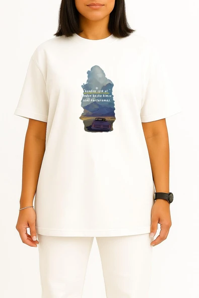 Oversize Senden Başka Kimse Seni Kurtaramaz Göğüs Tasarımlı Unisex T-Shirt - Resim 5