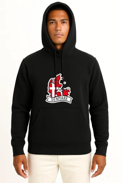 Kapüşonlu Danimarka Haritası Ve Bayrağı Göğüs Baskılı Unisex Sweatshirt - Resim 9