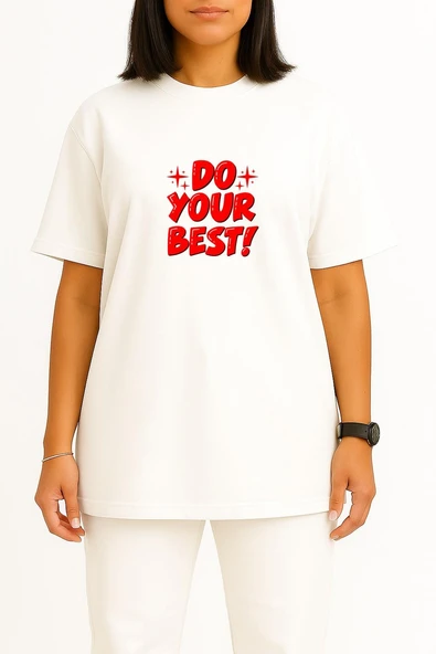 Oversize En İyisini Yap Göğüs Baskılı Unisex T-Shirt - Resim 2