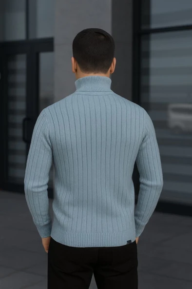 Erkek Balıkcı Yaka Bağazlı Triko Kazak Pamuklu Kalın Fitilli Dokuma, Regular Fit Uzun Kollu Kışlık Model - Bebe Mavisi - Resim 2