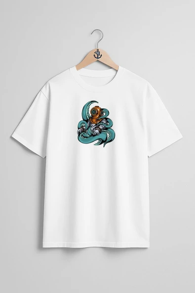 Oversize Diver Octopus Göğüs Tasarımlı Unisex T-Shirt - Resim 5