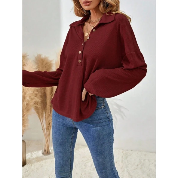 Lucky Life Kadın Uzun Kollu Yakalı Düğmeli Salaş Waffle Bluz - Resim 4