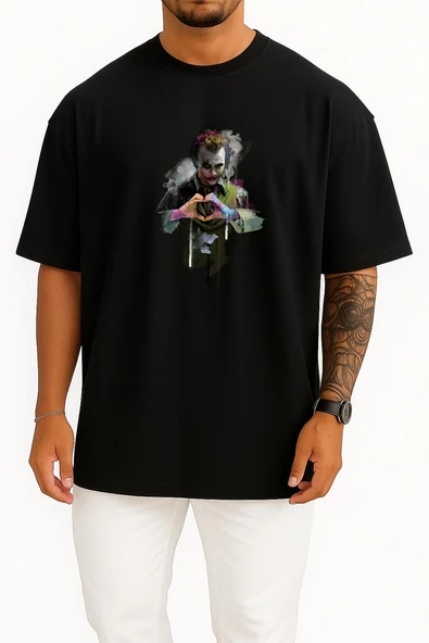 Oversize Joker Heath Ledger The Dark Knight Harley Quinn Batman Göğüs Tasarımlı Unisex T-Shirt - Resim 11