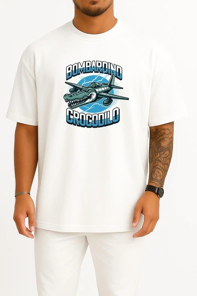 Oversize Bombardino Crocodilo Göğüs Baskılı Unisex T-Shirt ürün görseli