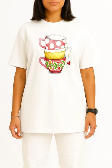 Oversize Teacup Coffee Mug Boyama Göğüs Tasarımlı Unisex T-Shirt - Resim 2