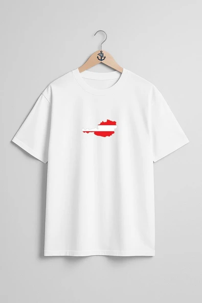 Oversize Austria  Avusturya Haritası Ve Bayrağı Göğüs Tasarımlı Unisex T-Shirt ürün görseli
